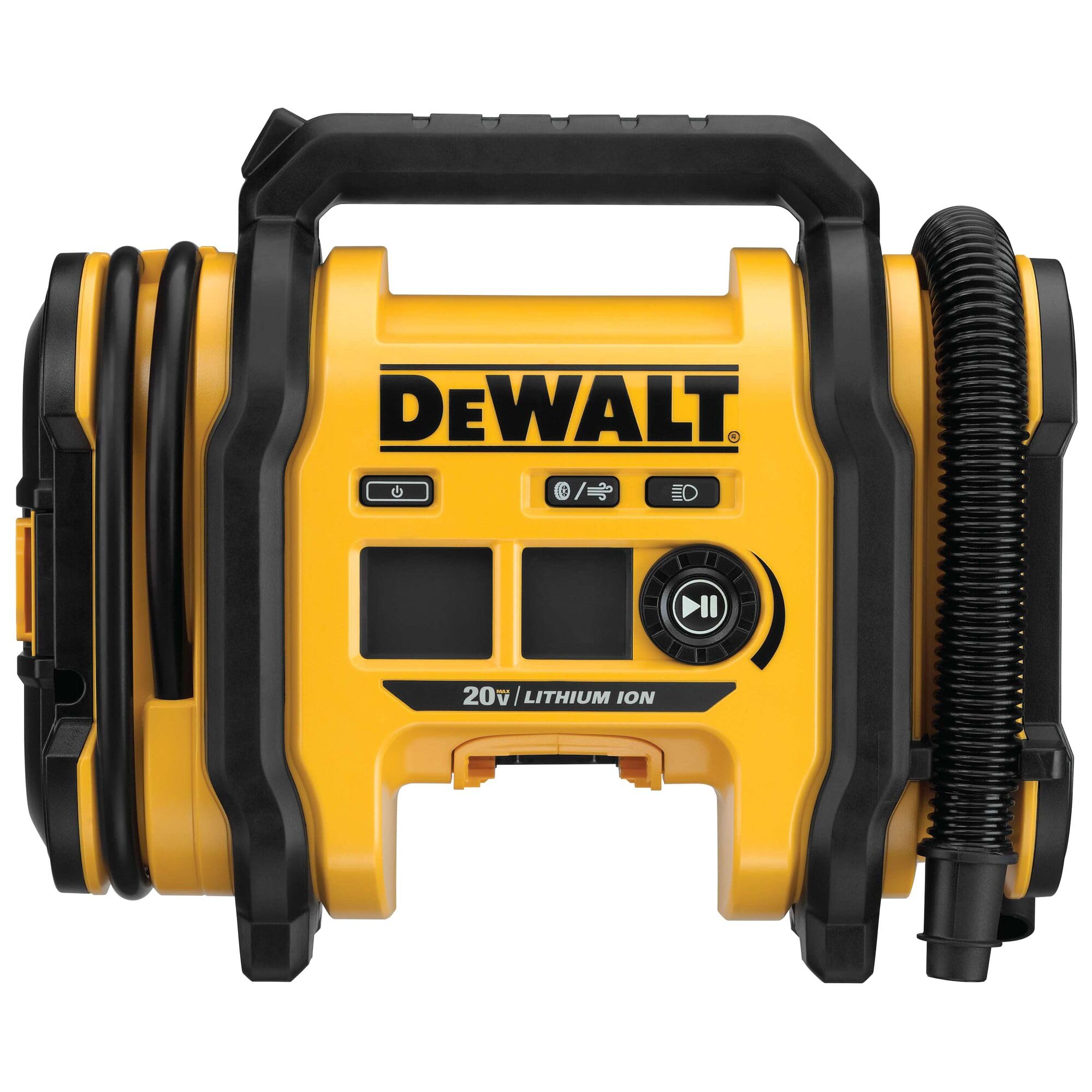 Cordless tyre inflator in black and yellow, photographed square on against a white background